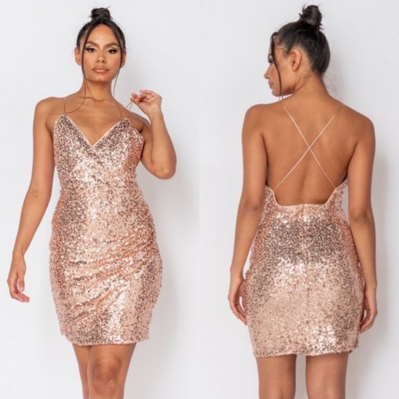 Dresses & Skirts - Sequin Sleeveless V-Neck Open Back Backless Bodycon Mini Dress